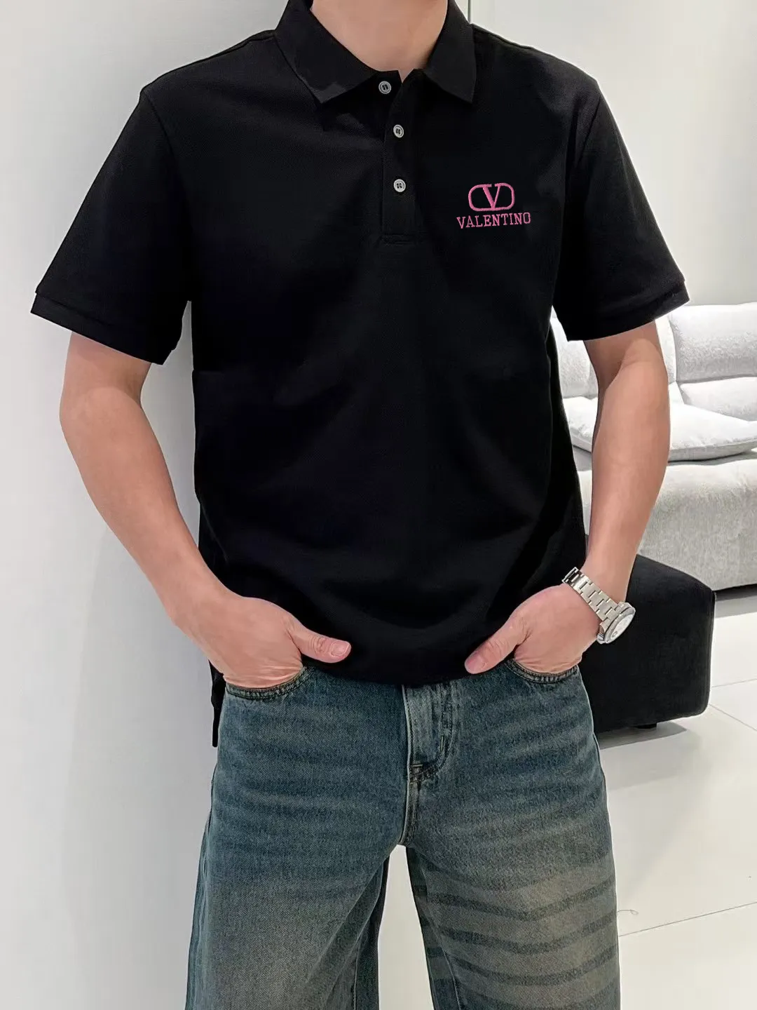 P100✨🔥 [valentine Valentino] 2026FW short-sleeved lapel polo shirt Color: Black White Size: S-XXL